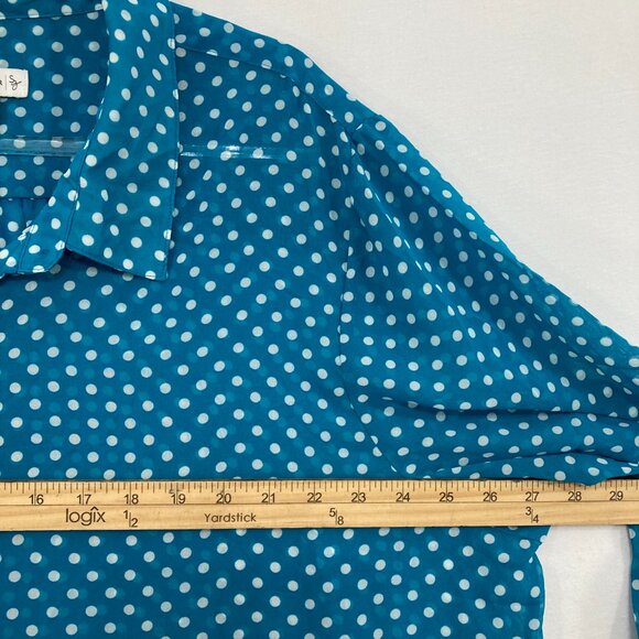Susan Graver Top 2X Blue White Polka Dot Soft Flowy 3/4 Sleeve Chiffon Button Up - Picture 7 of 11